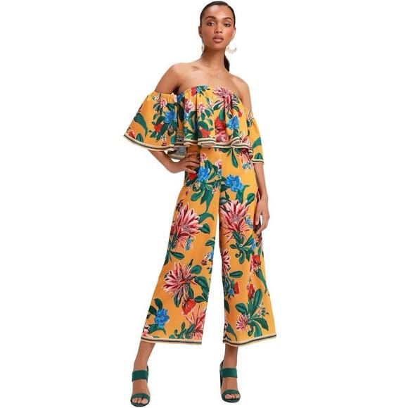 Lulus Women’s Honolulu Golden Yellow Floral Print Off Shoulder Jumpsuit Size S - Picture 1 of 8